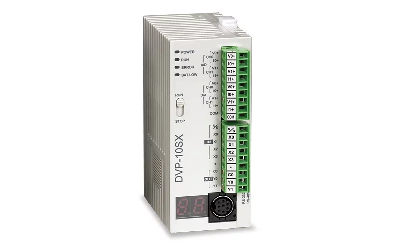 DVP10SX11T 10 Point, 4DI, 2DO, 2AI, 2AO (Transistor), 24V DC Power, SLIM